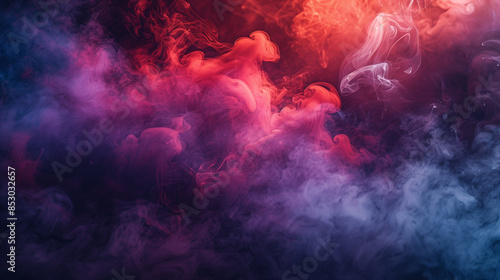 Colorful smoke curls in dark room.