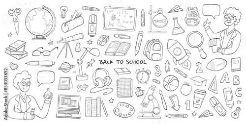 school doodles, education cartoon clip art, monochrome elements for cards, prints, posters, stickers, coloring pages, banners, etc. EPS 10