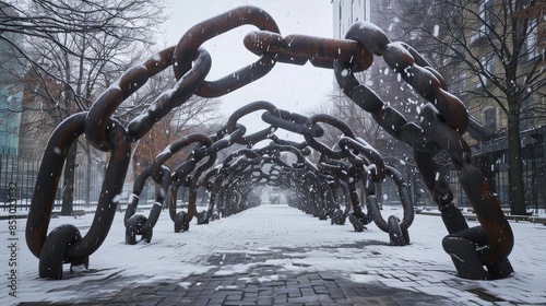 A public art installation that features chains breaking, symbolizing the breaking of bonds and the ongoing fight against modern slavery