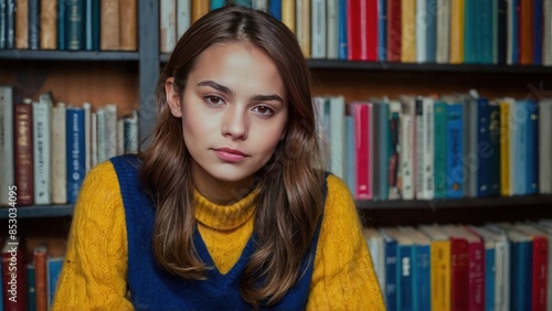 Thoughtful Young Woman in Cozy Sweater in Library. Learning student