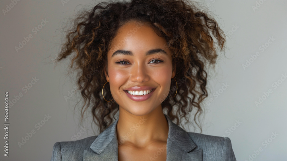 Fototapeta premium A young woman with curly brown hair and a bright smile poses in a studio setting, wearing a grey blazer