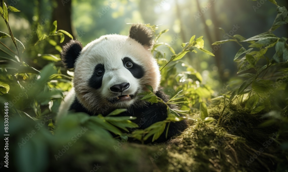 Adorable panda in a bamboo forest, surrounded by lush greenery, capturing the essence of wildlife and nature's beauty. Adorable panda in a bamboo forest, surrounded by lush greenery, capturing the essence of wildlife and nature's beauty.