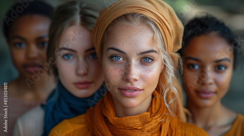 Four women of different ethnicities stand close together, their gazes meeting in a shared moment of connection