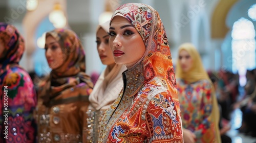 A fashion show at a mosque featuring clothing from Islamic designers, highlighting modesty and modern style
