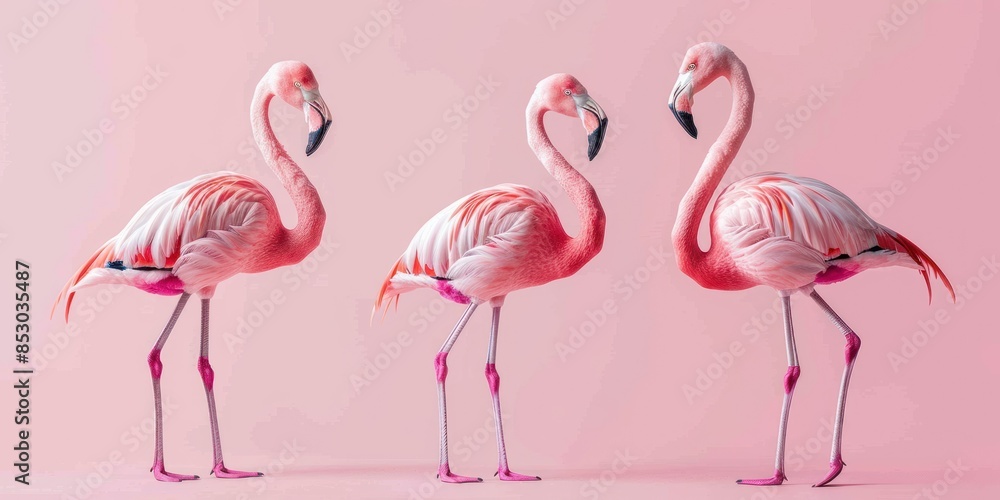 Obraz premium Three Pink Flamingos on Pink Background