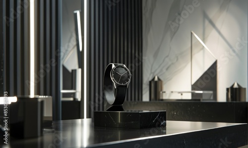 A minimalist black pedestal with geometric shapes with a titanium watch on a high-gloss tabletop photo
