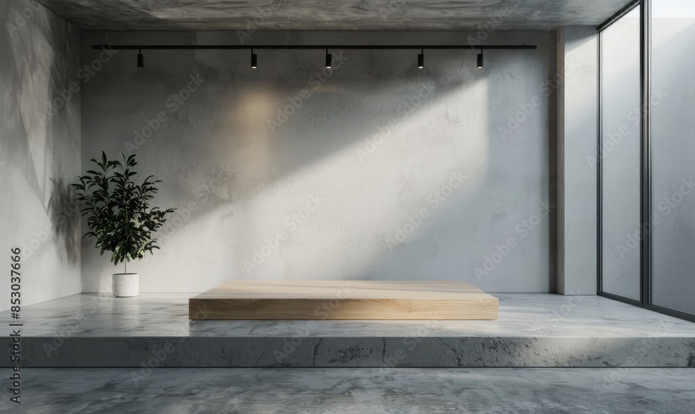 A minimalist wooden pedestal on a concrete floor A minimalist wooden pedestal on a concrete floor