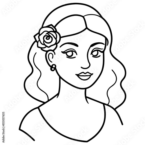 A young girl with a rose on her head vector illustration and line art