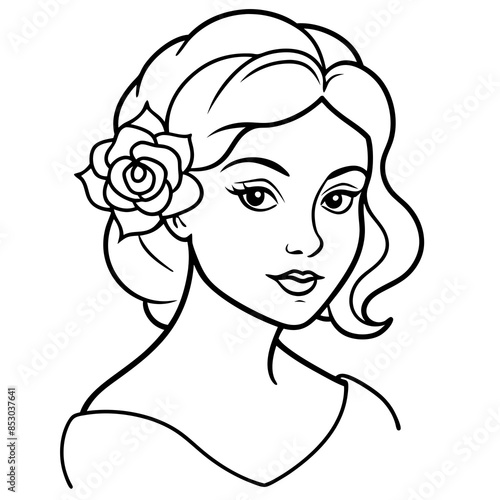 A young girl with a rose on her head vector illustration and line art