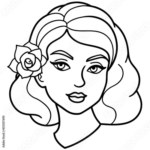 A young girl with a rose on her head vector illustration and line art