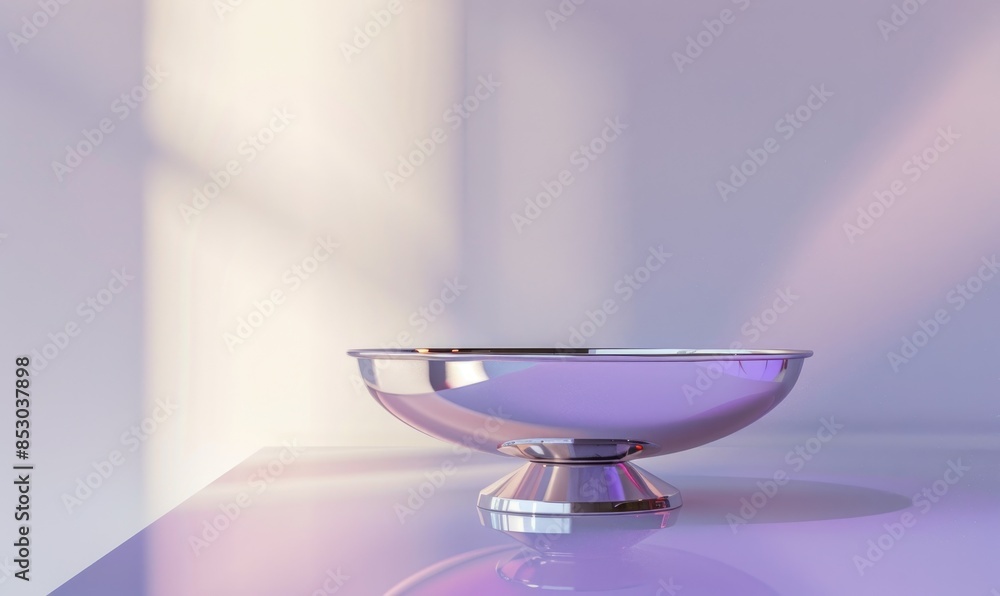 A polished chrome pedestal on a glossy white table against a subtle gradient of lavender and lilac backdrop A polished chrome pedestal on a glossy white table against a subtle gradient of lavender and lilac backdrop