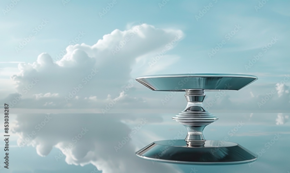 Obraz premium A sleek silver pedestal on a mirrored surface table against a soft cloud blue backdrop