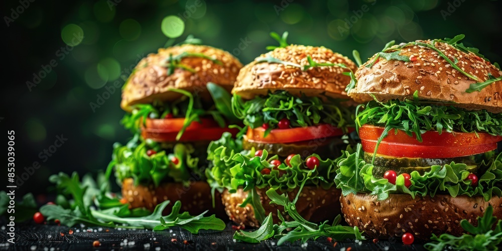 Three Veggie Burgers With Fresh Greens and Tomatoes Three Veggie Burgers With Fresh Greens and Tomatoes