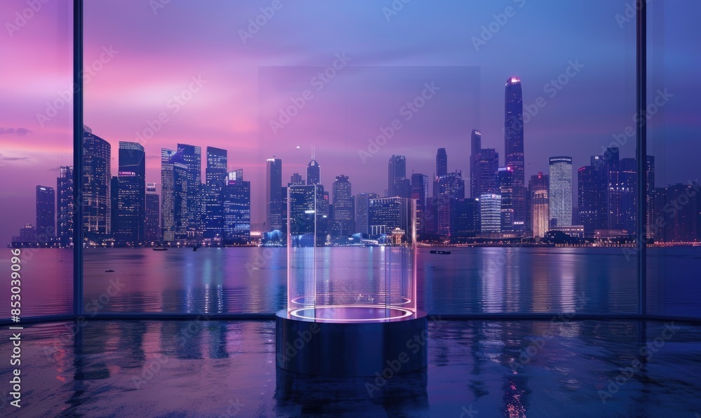 Fototapeta premium Acrylic bloc with transparent design, city skyline backdrop