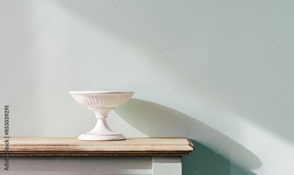 An elegant white ceramic vase on a wooden table against a light pastel backdrop An elegant white ceramic vase on a wooden table against a light pastel backdrop
