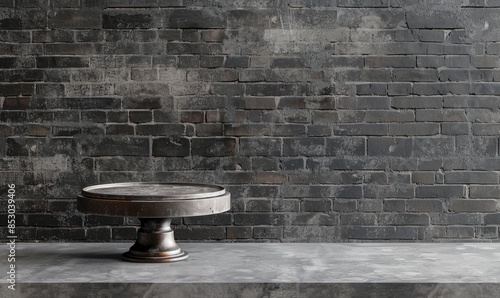 An industrial metal pedestal on a concrete table against a subtle gray brick wall backdrop