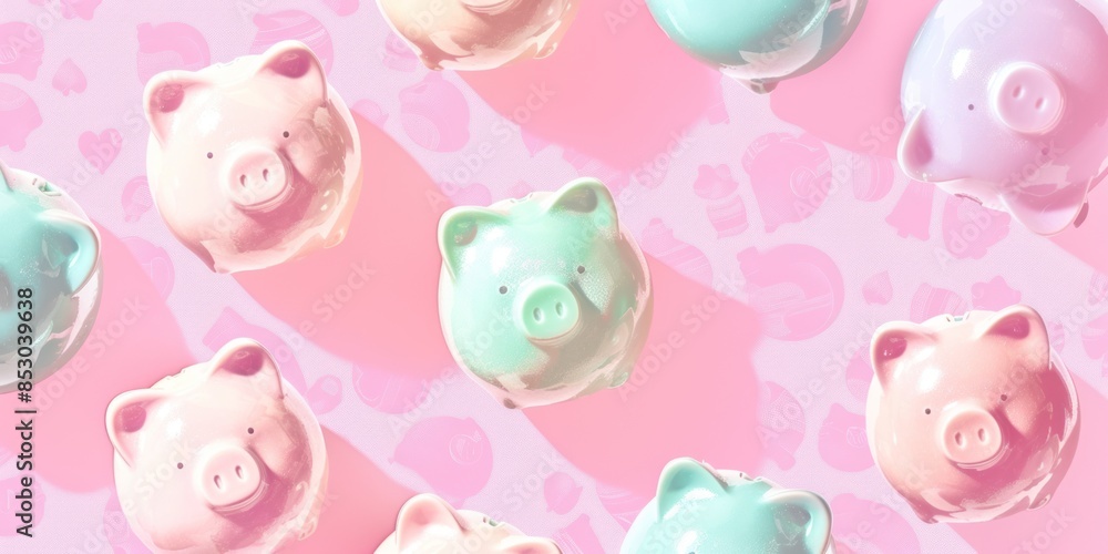 Colorful Piggy Banks on Pink Background Colorful Piggy Banks on Pink Background