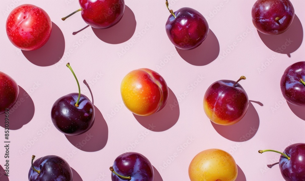 Assorted plums on a pale pink backdrop Assorted plums on a pale pink backdrop