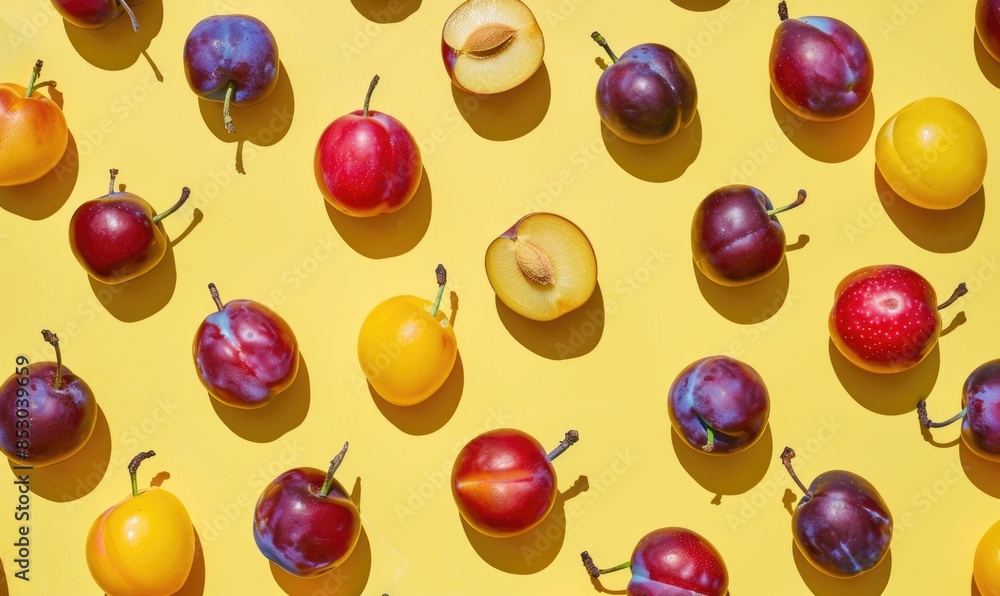 Assorted plums on a pale yellow backdrop Assorted plums on a pale yellow backdrop