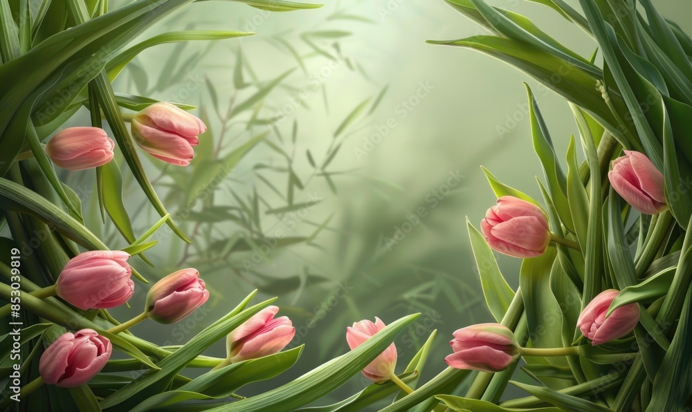 Obraz premium Nature background with wreath of tulips, pastel tones