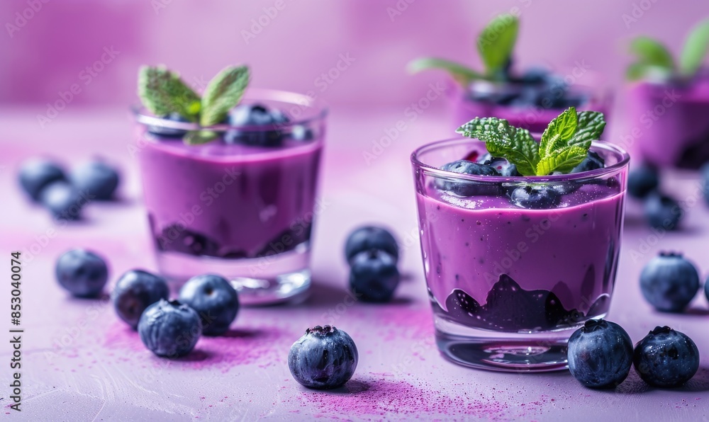 Blueberry panna cotta on a light lavender background, fresh blueberries, mint sprigs Blueberry panna cotta on a light lavender background, fresh blueberries, mint sprigs