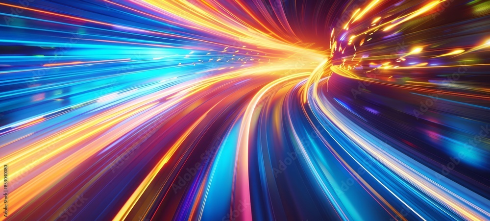Obraz premium A colorful, high-speed light trail with vibrant streaks of blue and yellow against an abstract background