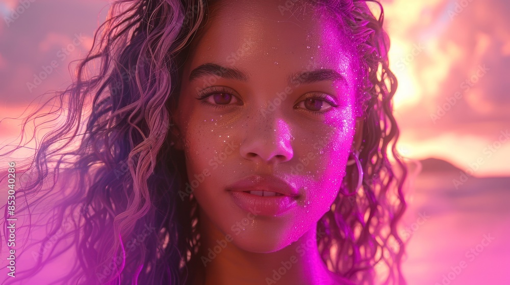 Obraz premium Woman With Curly Hair Posing Against Pink Sunset