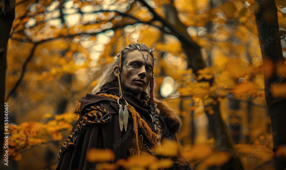 Portrait of a man in fantasy costume in autumn forest Portrait of a man in fantasy costume in autumn forest