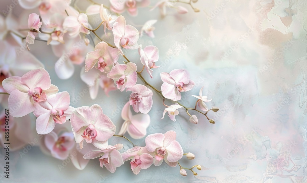 Ceramic background and orchids flowers, space for text Ceramic background and orchids flowers, space for text