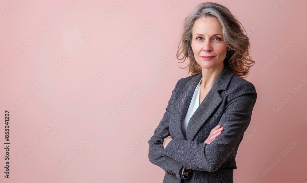 Corporate portrait of a middle-aged woman in a charcoal gray suit against a soft pastel backdrop Corporate portrait of a middle-aged woman in a charcoal gray suit against a soft pastel backdrop