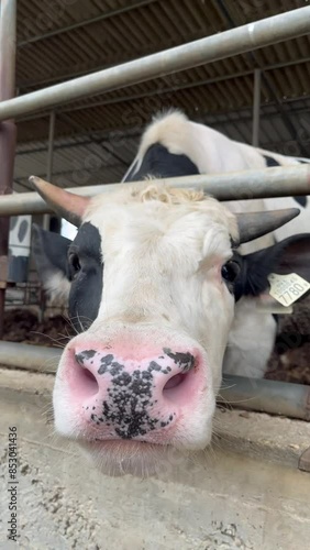 Funny Closeup of cute young calf in stable sticking out its tongue and trying to lick the camera