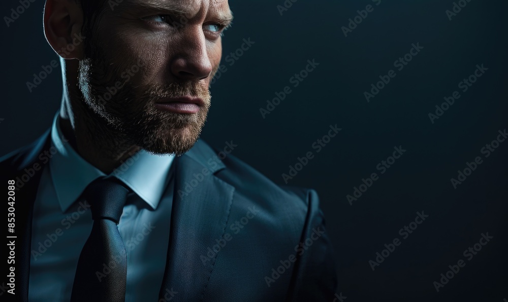Fototapeta premium Elegant portrait of a businessman in a tailored black suit against a dark navy background