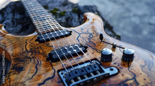 Close-up of a bass guitar with exquisite wood grain detailing and precision hardware, reflecting craftsmanship