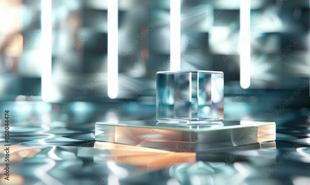 Glass pedestal with reflective surface, abstract geometric backdrop Glass pedestal with reflective surface, abstract geometric backdrop