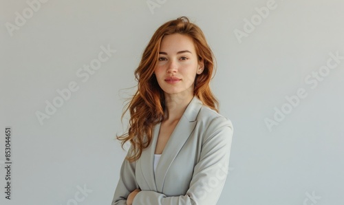 Headshot of a woman in a light gray suit against a plain white background © TheoTheWizard