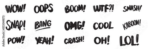 Collection of Onomatopoeia and exclamation theme text lettering. Hand drawn vector art. photo