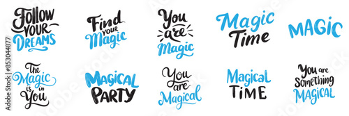 Collection of Magic text lettering. Hand drawn vector art.