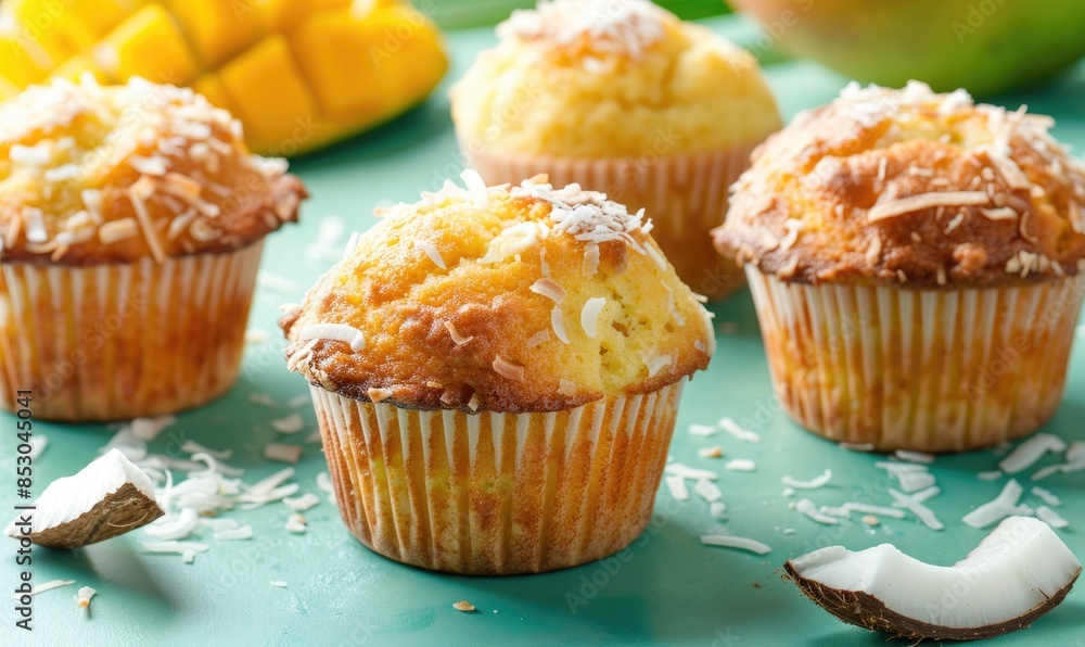 Mango and coconut muffins on a pale green backdrop Mango and coconut muffins on a pale green backdrop