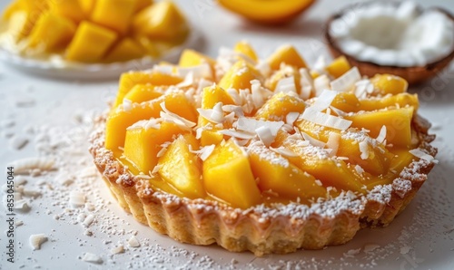Mango and coconut tart on a light yellow surface photo