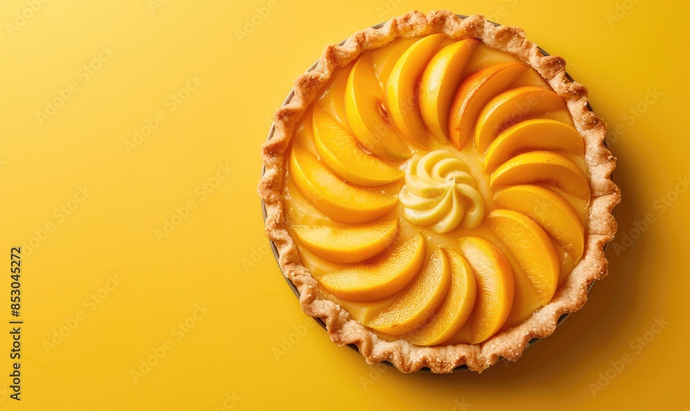 Mango and lemon curd tart on a pastel yellow background Mango and lemon curd tart on a pastel yellow background