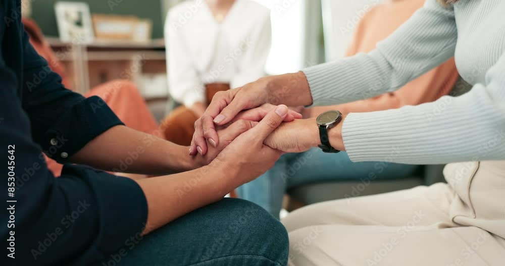 Office, therapy and circle with people holding hands, conversation and question for counseling. Work, employee and group discussion with support and problem solving with psychology and advice at job Office, therapy and circle with people holding hands, conversation and question for counseling. Work, employee and group discussion with support and problem solving with psychology and advice at job