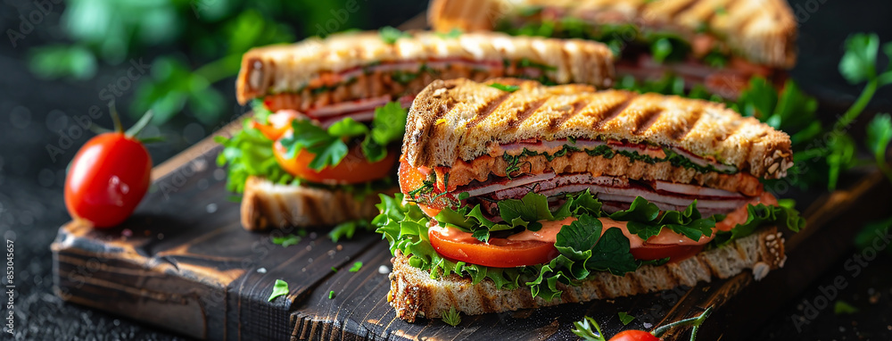 wide food photo of vegetable club sandwich with salad in dark wooden table background and blank space for text edits wide food photo of vegetable club sandwich with salad in dark wooden table background and blank space for text edits