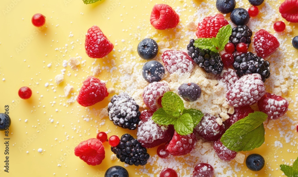 Mixed berry crumble on a pastel yellow surface Mixed berry crumble on a pastel yellow surface
