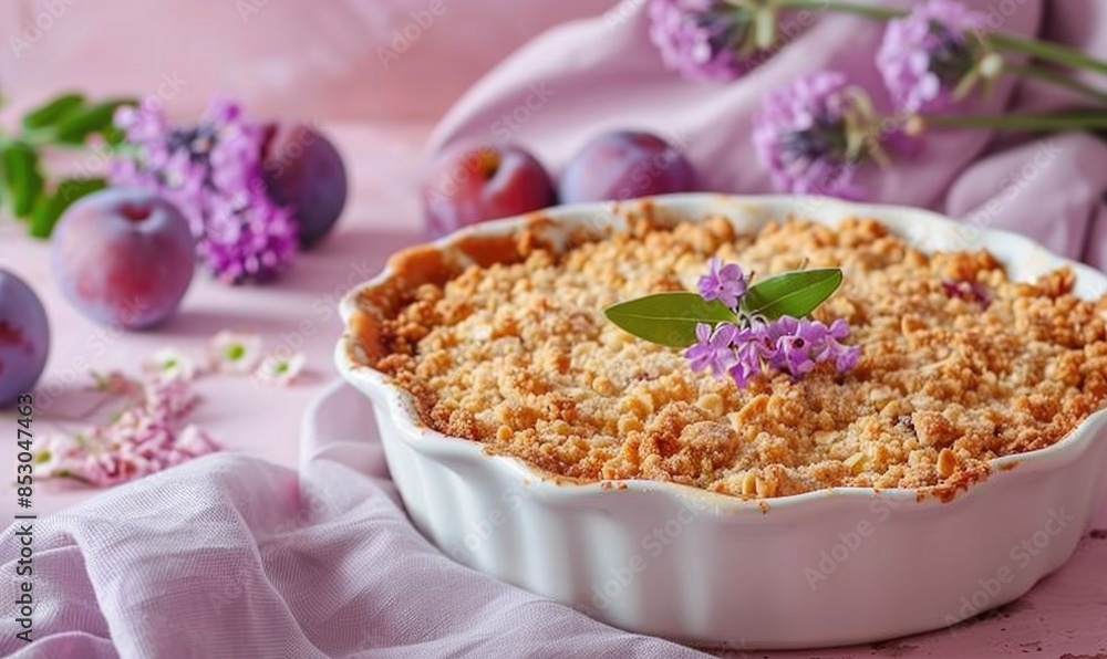Plum crumble in a white dish on a pastel lavender background Plum crumble in a white dish on a pastel lavender background