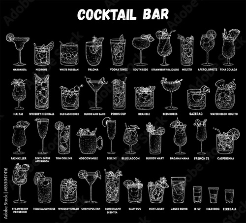 Alcoholic cocktails collection. Hand drawn vector illustration. Sketch set. Cognac, brandy, vodka, tequila, whiskey, champagne, wine cocktails.