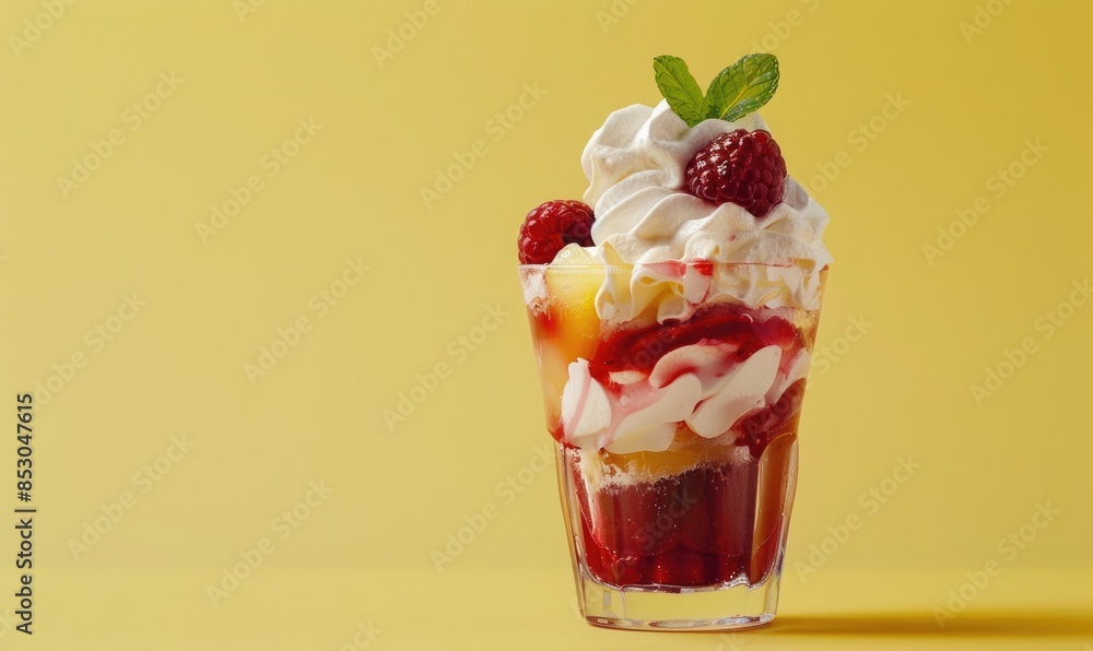 Plum parfait in a glass on a pastel yellow background Plum parfait in a glass on a pastel yellow background
