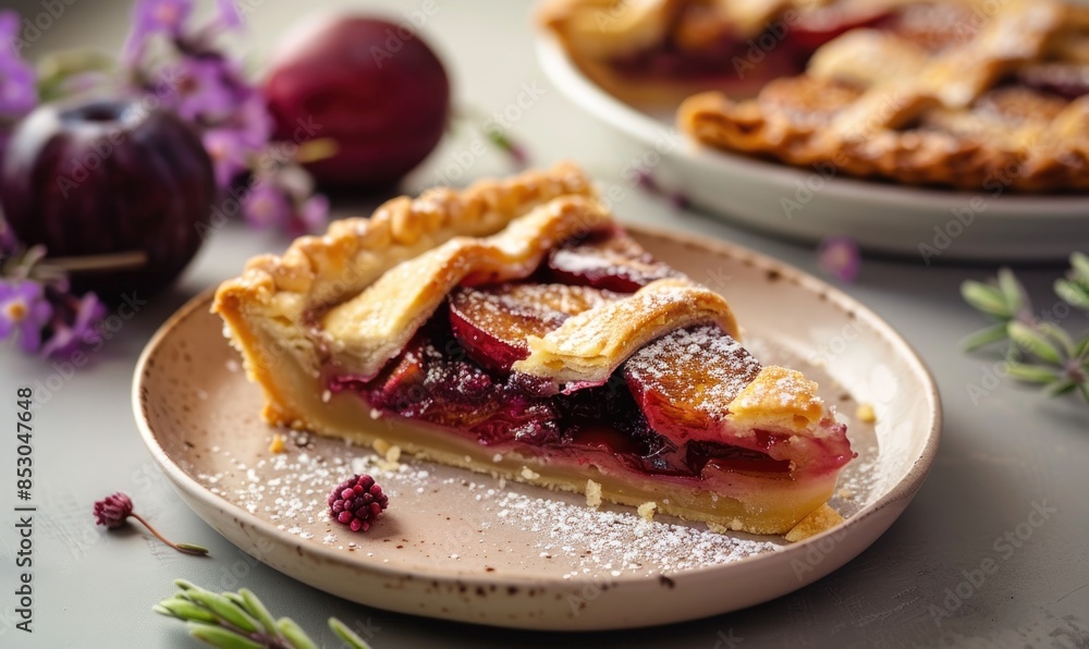 Plum pie slices on a pale lavender backdrop Plum pie slices on a pale lavender backdrop