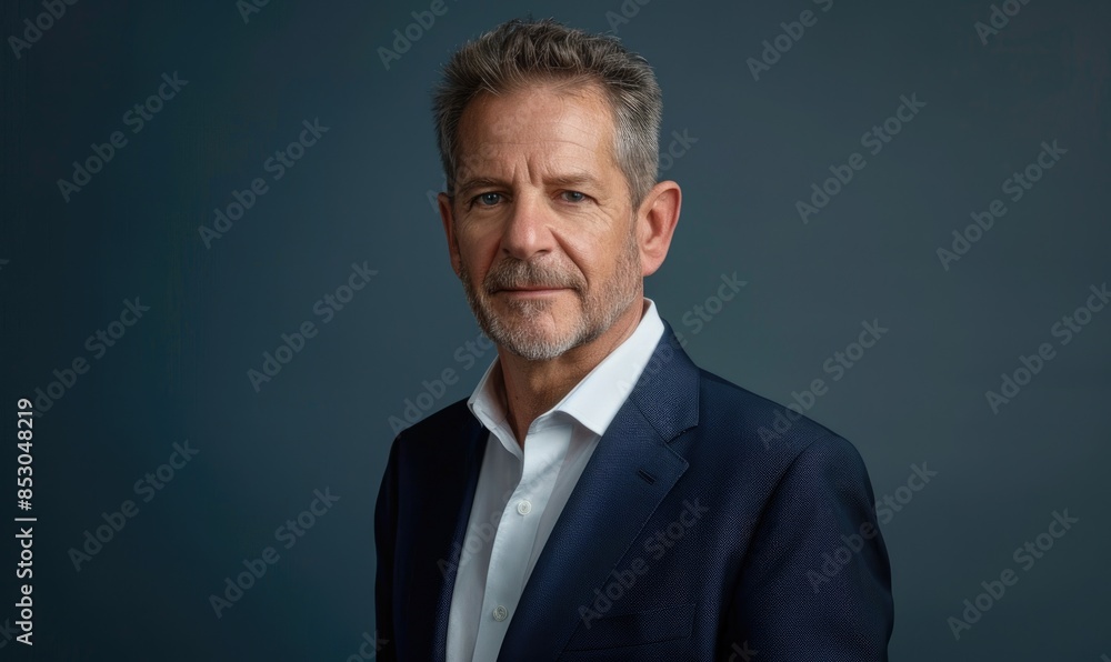 Portrait of a man in a dark suit against a neutral gray backdrop