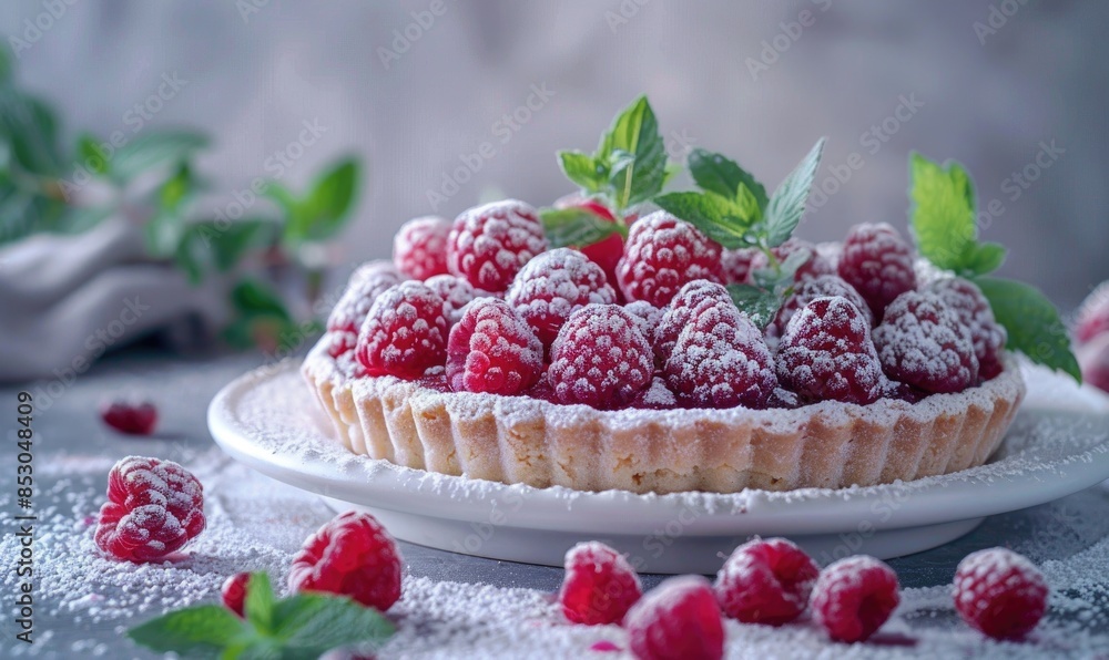 Raspberry tart on a light lavender backdrop