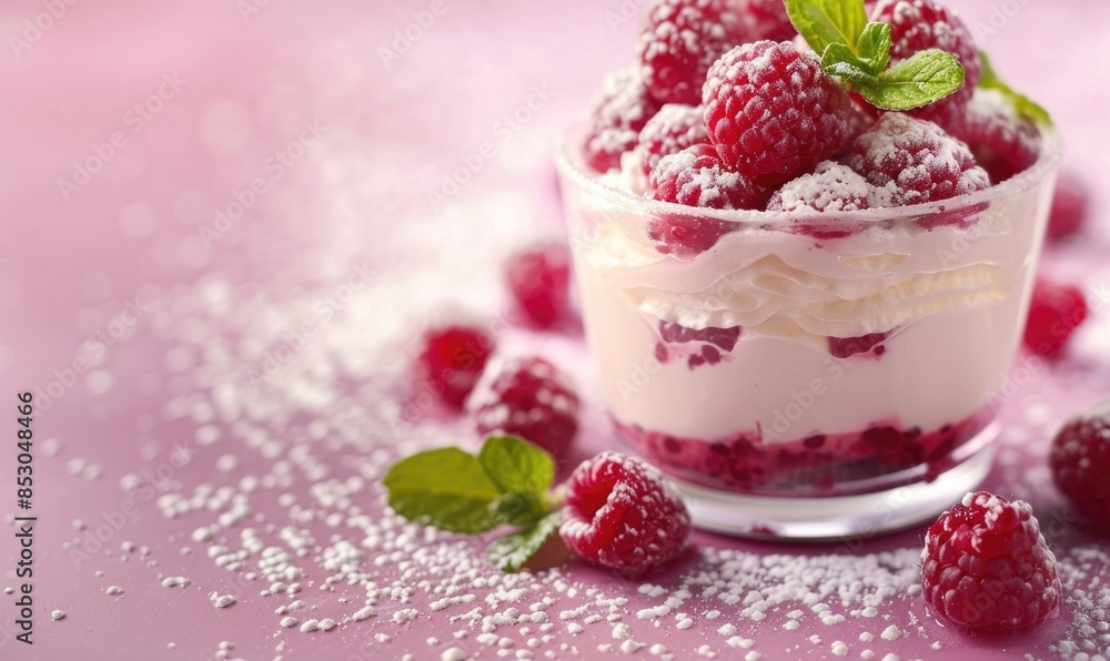 Raspberry trifle on a pastel lavender surface Raspberry trifle on a pastel lavender surface